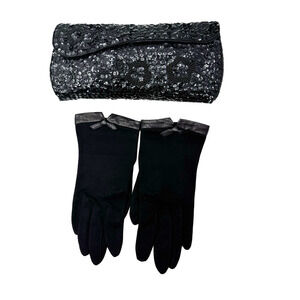 2 Pc Vintage Wear Right Short Gloves Clutch Black Bow Germany Hoco Evening Party